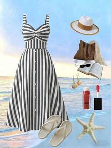 Vestido casual de línea A de longitud media con cuello en V a rayas y decoración de remaches para mujer - Negro - Ver 3
