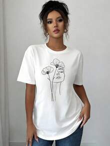 Camiseta de Manga Corta para Mujer - Blusa con Estampado Abstracto y Rostro Femenino, Top Casual de Primavera-Verano con Elasticidad Media, Prenda Lavable a Máquina y Pieza de Capas para Mujer (No-) - [Blanco] - Ver 3