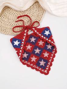 1pc Knitted Pentagram Embroidered Triangle Scarf, Women's Head Wrap, Daily/Travel/Vacation Sun Protection Hair Accessory Vacay Bandanas - Red - View 4