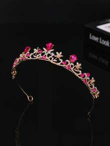 1pc European And American Style Gold Crystal Bridal Crown, Wedding Dress Headpiece - Hot Pink - View 7