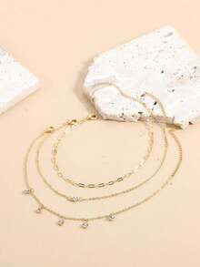 3pcs/Set Minimalist Zirconia Pendant Anklet, Suitable For Beach Vacation Casual Wear, Holiday Gift For Women - Yellow Gold - View 3