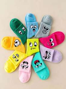 Bộ 1/3/5/8/10 đôi tất nữ ngẫu nhiên, cao đến bắp chân, họa tiết hoạt hình mặt cười dễ thương, thoải mái, thời trang, cá tính, thích hợp cho mùa xuân hè. - Nhiều màu - Xem 5