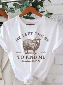 100% Cotton, Plus Size, Women's T-Shirt With "He Left Women's Pattern" Print, 99, Short Sleeve, Round Neck, Casual Top With Sheep And Bible Verse Print, Machine Washable, Comfortable For All Four Seasons, Loose Fit T-Shirt, Digital Print T-Shirt, Soft Fabric, Suitable For Easter. - 白色 - 查看 7