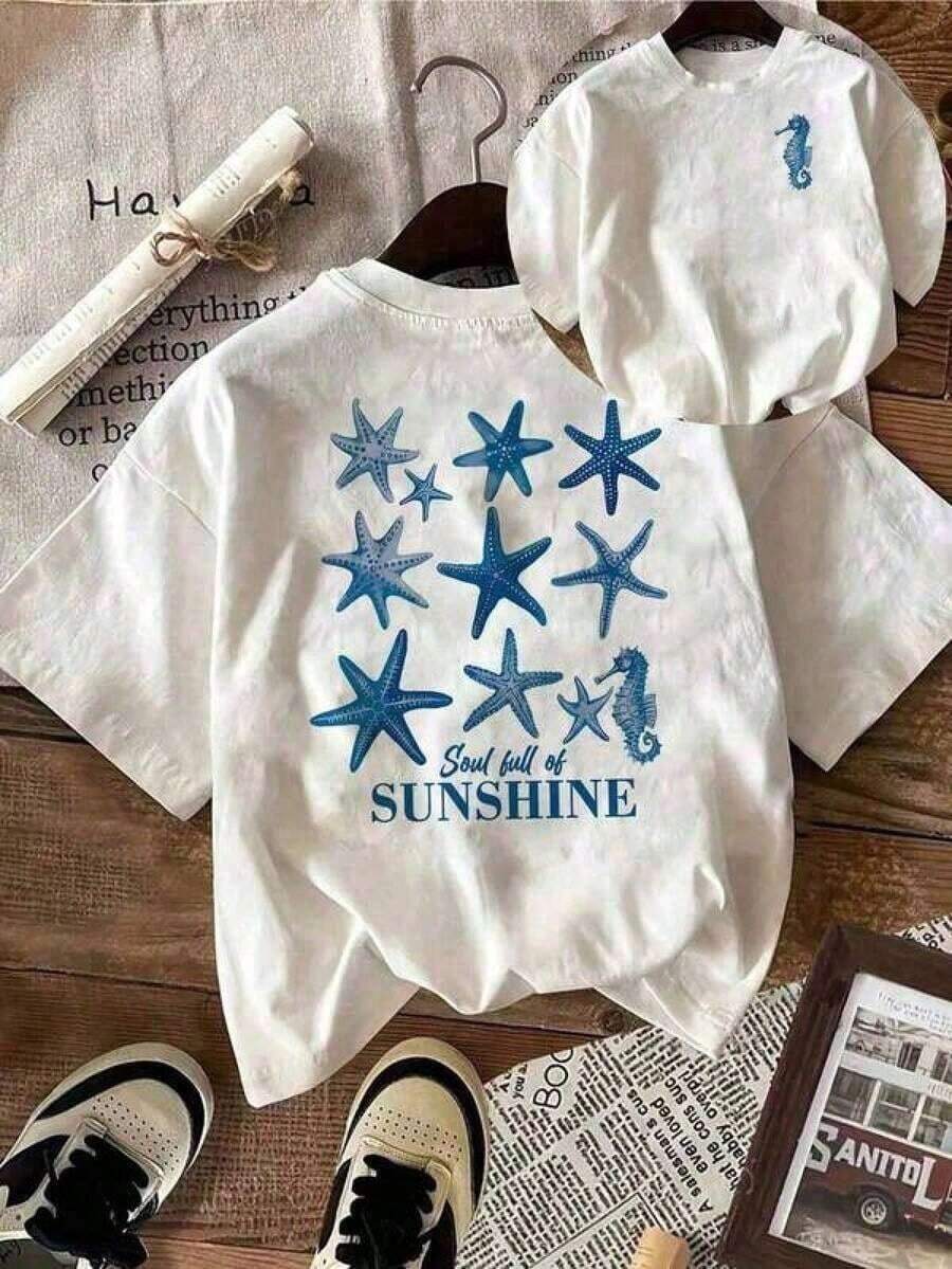 Camiseta de manga corta con cuello redondo y estampado de estrellas de mar y letras para mujer, ligera y transpirable para todas las estaciones, camiseta gráfica de algodón, camisetas gráficas para mujer, camiseta de verano, camiseta casual, camisetas de verano, tops, conjuntos de verano para mujer, playeras de mujer. - Blanco - Ver 1