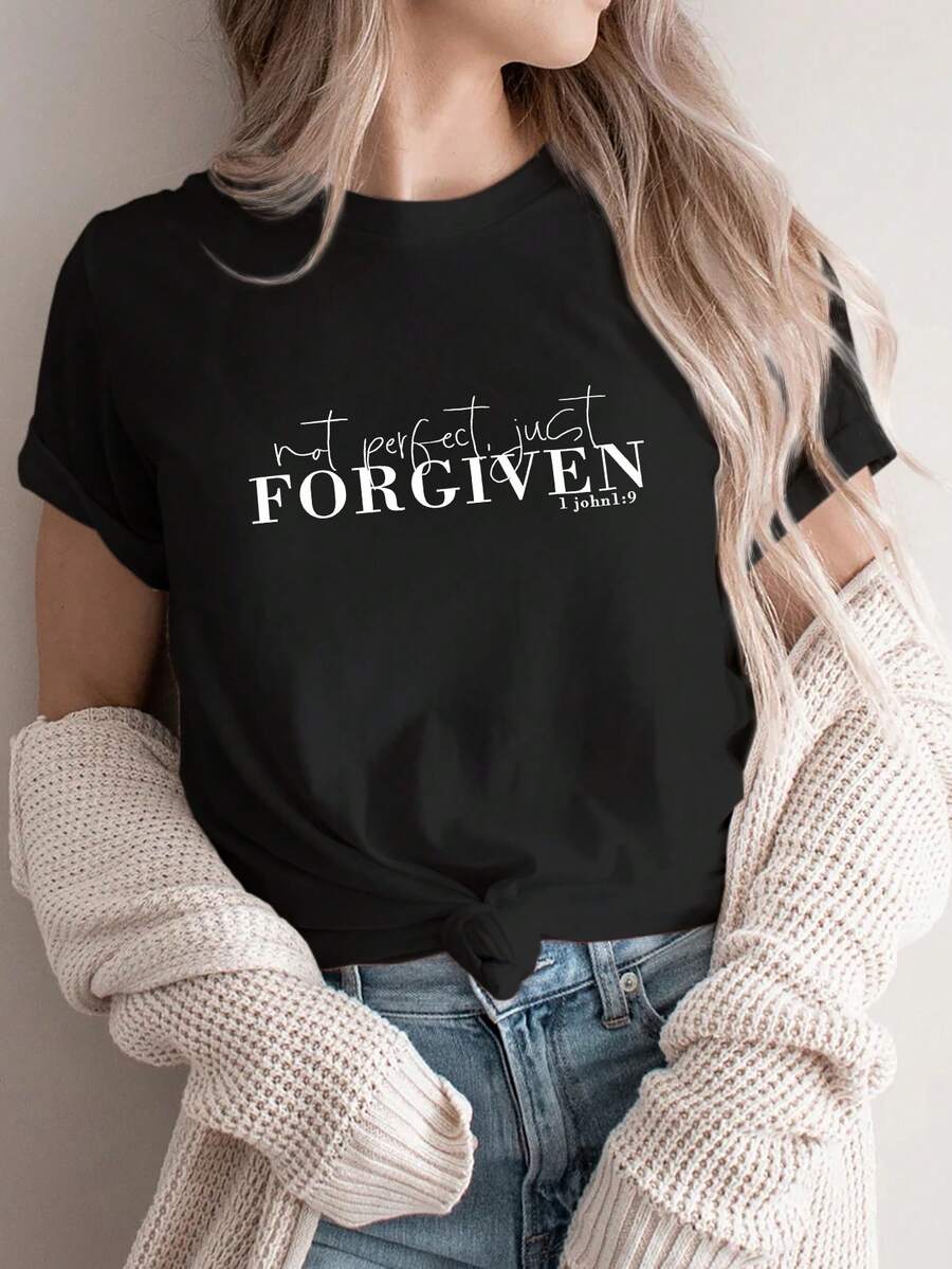 Women's Casual Sports T-Shirt, Crew Neck T-Shirt, Not Perfect, Only Forgiven 1 John 1:9, Religious T-Shirt, Women's Top, Faith-Based Set, Easter Gift, Bible Verse, Christian Design, Comfortable All-Season Top - 黑色 - 查看 1