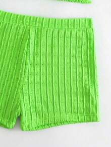 2 piezas Conjunto de bikini de unicolor con textura, tipo halter, adecuado para vacaciones de verano en la playa - Verde lima - Ver 5