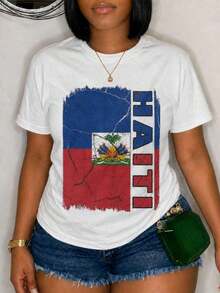 Camiseta con el Escudo de Armas de Haití, 100% Algodón, Estilo Casual, Cuello Redondo, Transpirable, Cómoda, Ropa para Vacaciones - Blanco - Ver 1