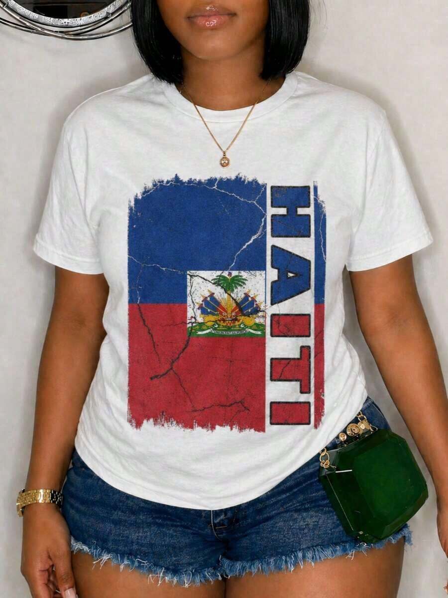 Camiseta con el Escudo de Armas de Haití, 100% Algodón, Estilo Casual, Cuello Redondo, Transpirable, Cómoda, Ropa para Vacaciones - Blanco - Ver 1