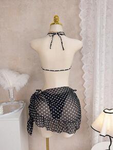 Conjunto de bikini de 3 piezas con tapa de falda, estilo de vacaciones en la playa, para mujer, con bikini halter sin espalda y encaje sexy - Blanco y Negro - Ver 8
