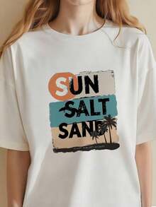 Camiseta Básica Versátil de Primavera con Estampado y Cuello en V - Blanco 5 - Ver 2