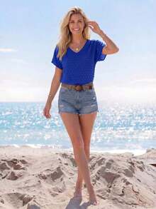 Blusa informal de unicolor con mangas de murciélago para vacaciones, blusas de manga corta para mujer - azul real - Ver 5