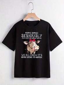 Short Sleeve T-Shirt With Cow Print - Smiling Cow And Letters With Ears, Round Neck Summer Blouse, Machine Washable Casual Top, Casual And Themed Outfits (No-) - In Stock, Immediate Shipping - 黑色 - 查看 4