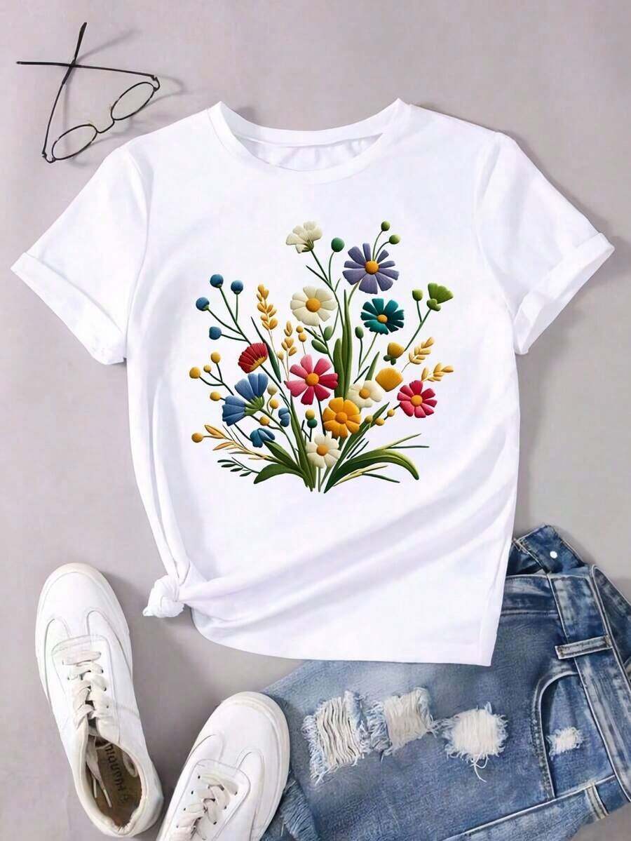 180g Made In Mexico, Spring/Summer 2026 Fashion Short Sleeve T-Shirt, Cartoon Print, Couple Style, Underwear/Outerwear, Casual Round Neck For Office, Unisex One Piece Top - 白色的 - 查看 1