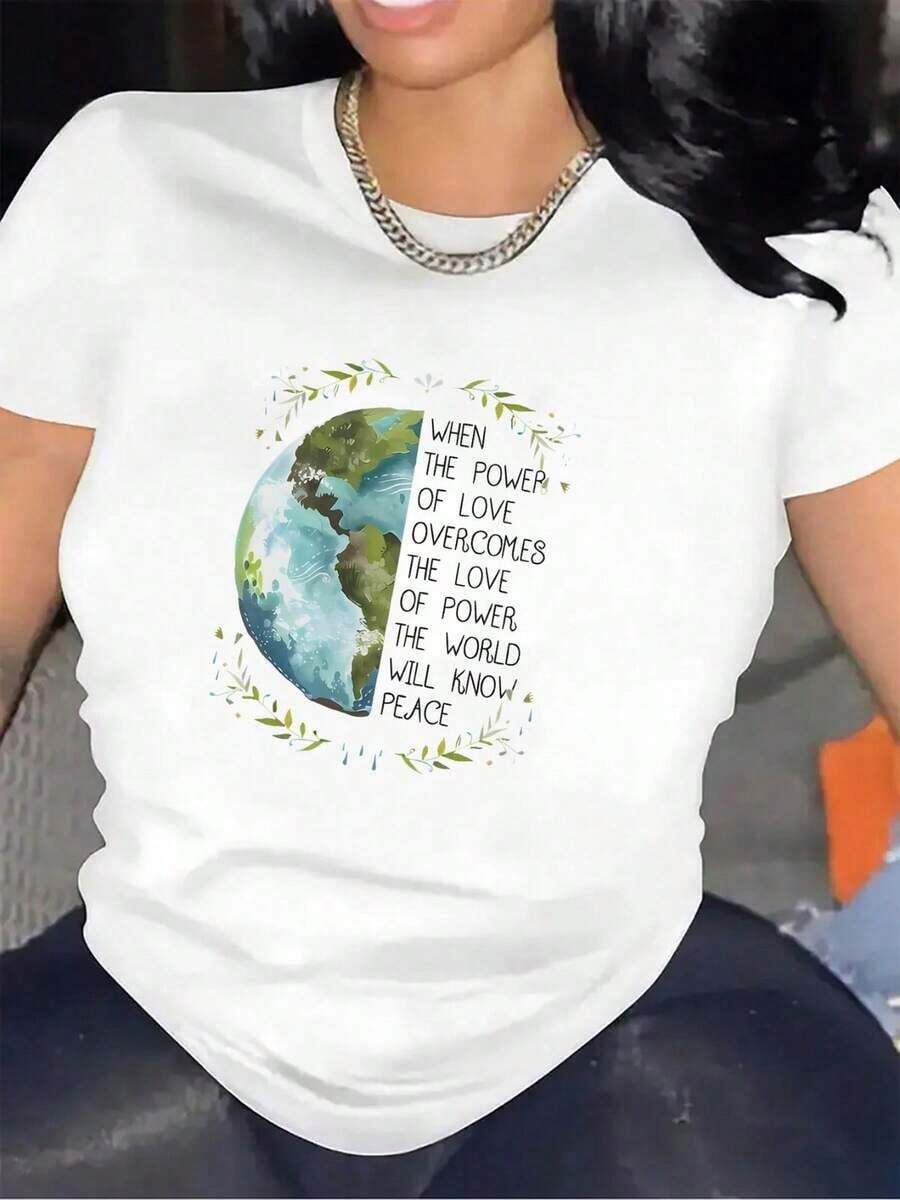 Camiseta Con Diseño Inspirador De La Tierra | Ideal Para La Oficina En Casa O Uso Casual, Tejido Duradero Y Cómodo, Regalo Perfecto Para Los Amantes De La Paz, Camiseta Elegante Y Ligera Para Uso Diario, Cuello Redondo, Tejido De Elasticidad MediaWomen Standard Size Casual T-Shirt Breathable Lightweight Short Sleeve Tee blusas para mujer camisa - Blanco - Ver 1