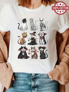1 Piece Women's Beautiful Blouses For Women Women's Clothing Sets For Women Halloween Cat T-Shirt 180G White And Black With Ghost, Vampire, And Pumpkin Pattern High Quality Round Neck Loose And Breathable Basic Neck Versatile Machine Washable Comfortable Size S~3XL Daily Essential For Sports And Summer. Beautiful Blouses 100% Cotton - 白色的 - 查看 3