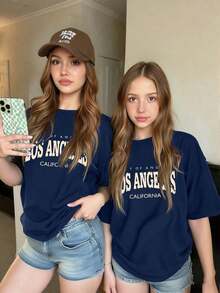 1 Piece Girls' Short Sleeve Crew Neck T-Shirt With "Los Angeles" Slogan Print, Comfortable, Soft, And Fashionable Casual Children's Clothing, 100% Cotton - 海軍藍 - 查看 1