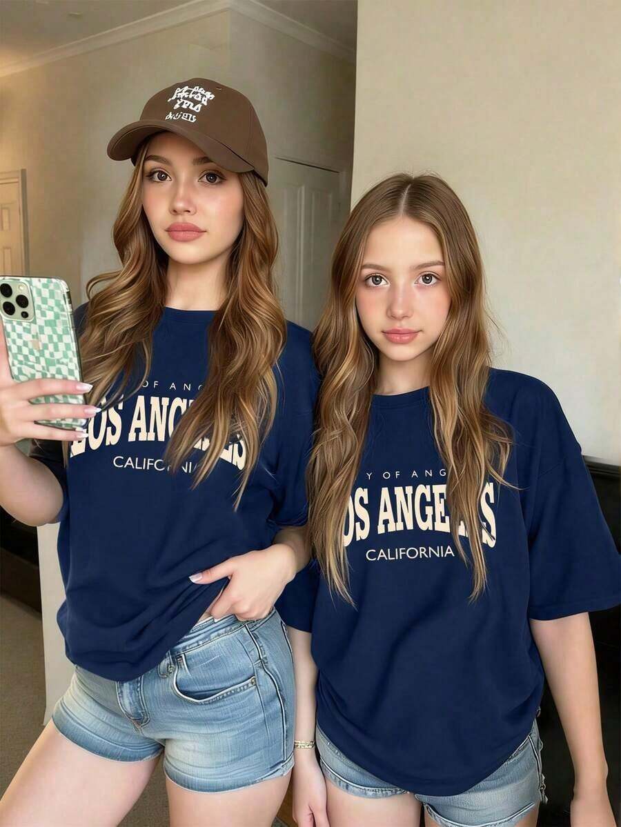 1 Piece Girls' Short Sleeve Crew Neck T-Shirt With "Los Angeles" Slogan Print, Comfortable, Soft, And Fashionable Casual Children's Clothing, 100% Cotton - 海軍藍 - 查看 1