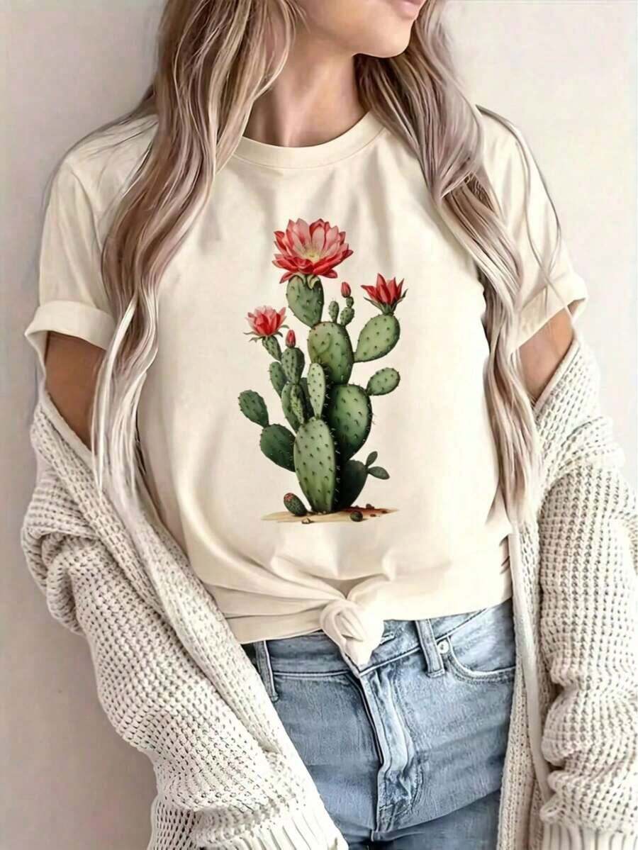 | 1 Playera para Mujer 100% Algodón Transpirable | Camiseta gráfica casual de mujer con diseño de flor de cactus del desierto - Impresión transpirable, cuello redondo de manga corta, algodón ligero, top de verano con flores rojas vibrantes y hojas verdes - Ideal para el verano-Vintage Street Style Unisexoose Cotton Short Sleeve Crew Neck T-Shirt - Albaricoque - Ver 1