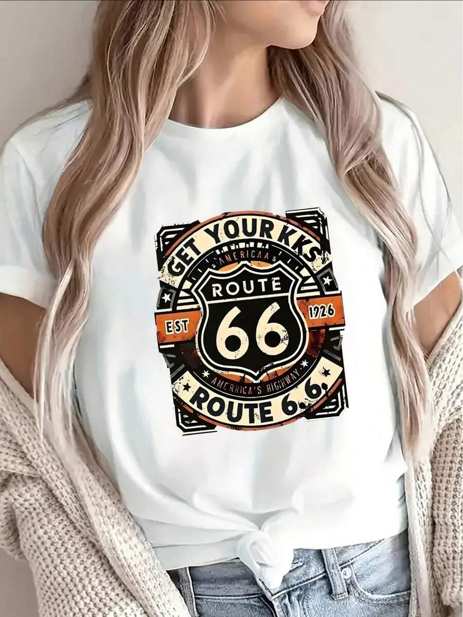 Women's Pure Cotton T-Shirt, Casual Loose Fit, Vintage Road Trip T-Shirt - Black Short Sleeve T-Shirt With Vintage Logo Print, Lightweight And Durable Polyester Fiber, Casual Clothing Suitable For Road Trips, American Style Shirt For Everyday Wear. - 白色 - 查看 1