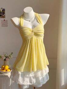 Top de tirantes con estampado de lunares marrones y detalle de nudo en la espalda para mujer, adecuado para verano, vacaciones de primavera, ceremonia de graduación, fiesta de boda, vacaciones elegantes, playa casual, estilo Y2K lindo y sexy y - Amarillo - Ver 5