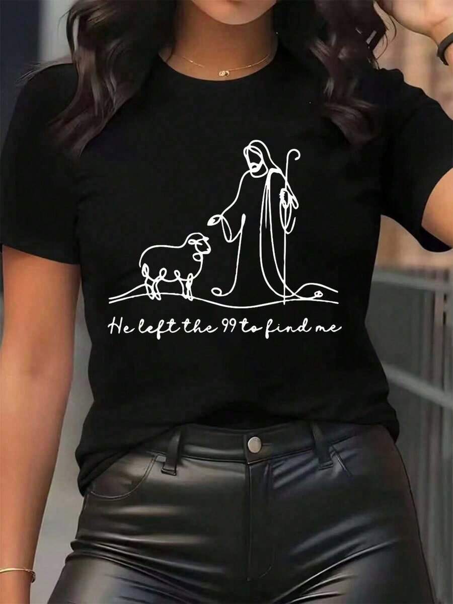 Nuevas llegadas para el verano. Camiseta de mujer con estampado artístico de "He Left The 99 To Find Me Shepherd And Sheep", cuello redondo, uso diario casual, suave y cómoda, ideal para Navidad y vacaciones. Blusa, camisa > Hermosa. - Negro - Ver 1