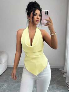 con cuello drapeado y fruncido, nueva colección Primavera/Verano 2026 para mujer - Amarillo claro - Ver 6