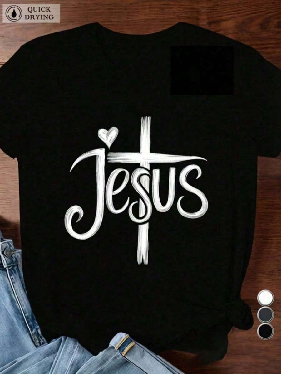 Camiseta de manga corta con cuello redondo y estampado para mujer. Perfecto para citas, desplazamientos diarios y salidas informales. Diseño clásico minimalista de cuello redondo, fácil de combinar y adecuado para todas las formas de cuerpo. - Negro - Ver 1