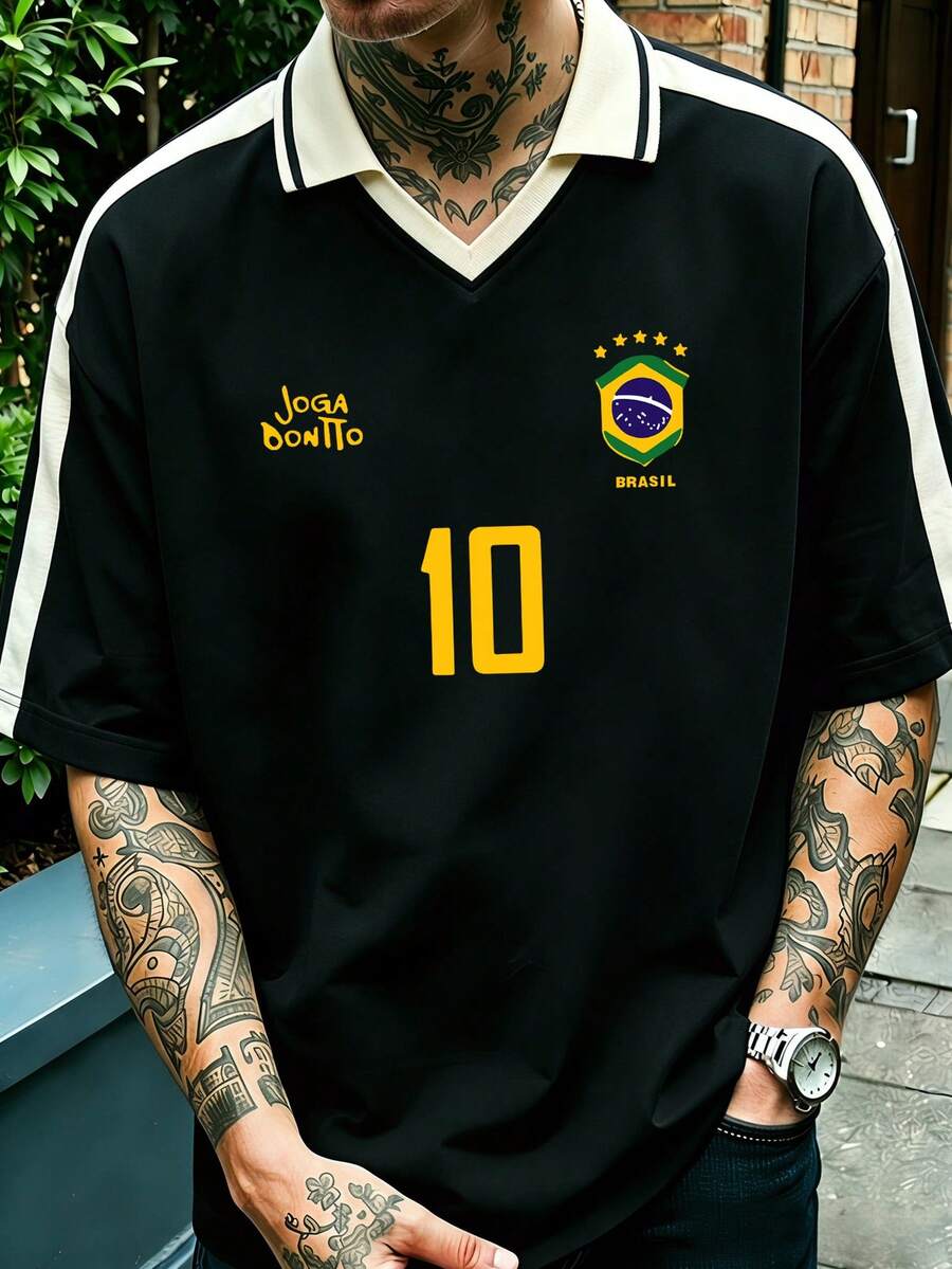 Camiseta gráfica para hombre, jersey retro de fútbol de Brasil - Legendario número 10, atuendo casual de fanático del fútbol, camiseta de fútbol, diseño de bloqueo de color en cuello en V - Negro - Ver 1
