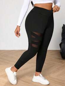 Leggings básicos de unicolor para mujer de talla grande, leggings transparentes de malla en contraste, para uso diario, deportes, primavera, disfraz de carnaval para mujer, leggings negros - Negro 2 - Ver 4