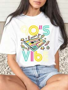 1 Piece Women's 90s Style T-Shirt With Cassette Graphic Print, Casual For Everyday Wear, Round Neck, Short Sleeve, Soft And Comfortable, 220g/180g 100% Cotton - 白色 - 查看 1