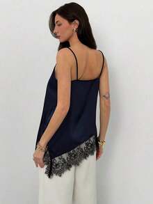 Camiseta elegante y sexy de mujer con estampado de leopardo y encaje en contraste, camiseta de estampado de leopardo elegante, top de fiesta, atuendos de playa y vacaciones para mujeres, top para salir - Azul marino - Ver 7
