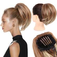 Moño de pelo sintético, moño de cola de caballo totalmente corto, moño de pelo rubio mezclado marrón con peine, moño con Clip, moño con cordón Updo 21N2 - Q74-12-24 - Ver 10