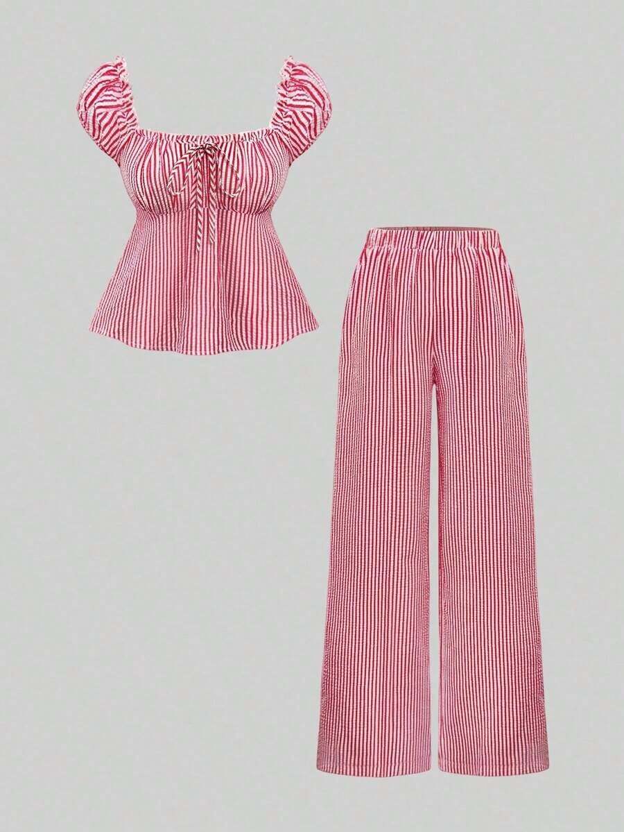 Conjunto de 2 piezas de blusa de manga de pétalo a rayas estilo francés dulce y pantalones rectos holgados para mujer, de primavera/verano - Rojo - Ver 1