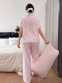 Conjunto de pijama para mujer con estampado de lazo a rayas en rosa, de manga corta y cuello solapa - Rosa - Ver 2