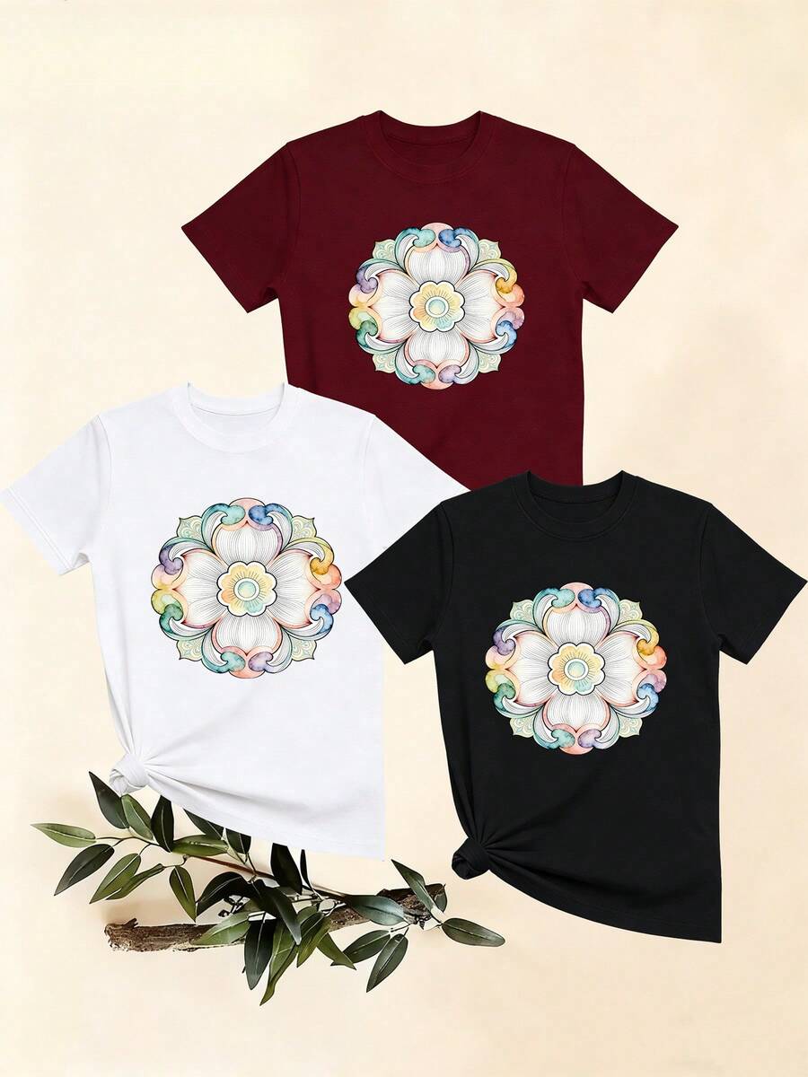 Women's T-Shirts, Women's T-Shirts, Casual Short-Sleeved T-Shirt With Round Neck And Colorful Floral Print, Comfortable And Breathable Summer Top For Women. - 1件黑色隨機圖案 - 查看 1