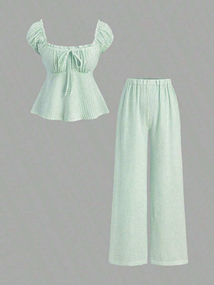 Conjunto de 2 piezas de blusa de manga de pétalo a rayas estilo francés dulce y pantalones rectos holgados para mujer, de primavera/verano - Verde - Ver 1
