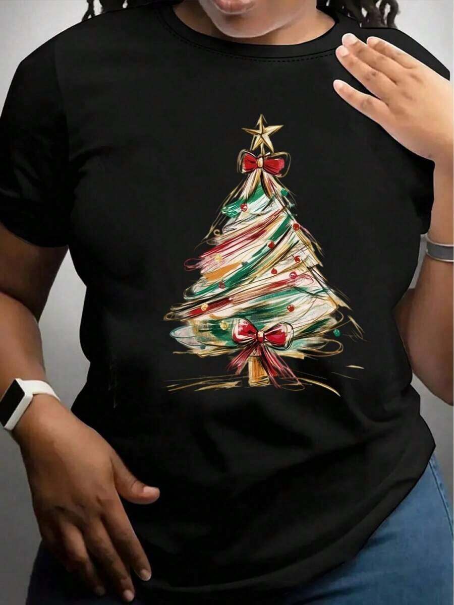 Camiseta Casual de Manga Corta para Mujer, 1 pieza, 100% algodón grueso - Cuello redondo cómodo, top suave y bonito, camiseta de algodón puro para mujer. - Negro - Ver 1