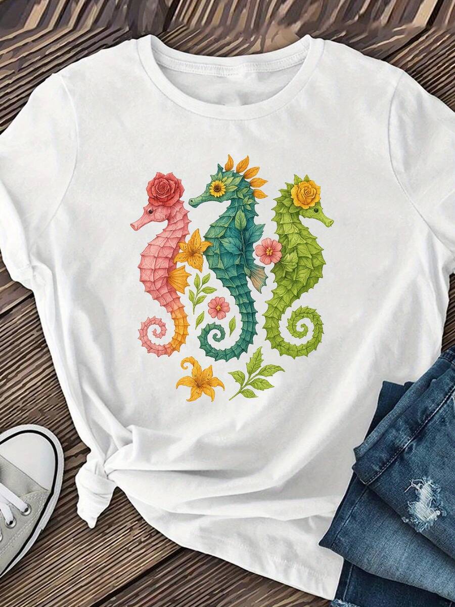 Women's Short Sleeve T-Shirts With Seahorse Theme In Three Colors, Round Neck Short Sleeve T-Shirts, Casual Short Sleeve T-Shirts For Spring And Summer, Summer Clothes For Women - 白色 - 查看 1