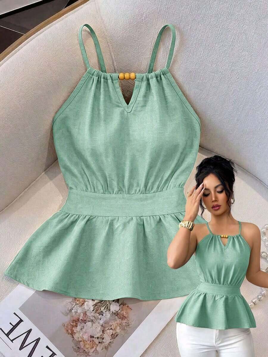 Chaleco ajustado sin mangas con diseño de cremallera y decoración de cuentas de madera con tirantes finos en color verde elegante para mujer, primavera/verano - Verde 2 - Ver 1