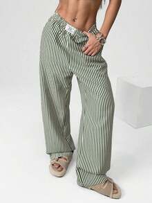 Pantalones casuales de pierna ancha de rayas marrones tejidos para mujeres - Verde - Ver 3