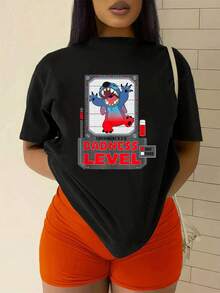 Fun Graphic Showing A Smiling Blue Character Raising Its Mischievous Level With Positive Energy, Indicating The Duality Between Good And Evil, Symbolizing Freedom And Modern Humor. Comfortable Casual Women's T-Shirt For Everyday Wear. - Black - View 2