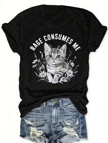 Women's T-Shirt With Cute Kitten Print - Comfortable Crew Neck, Ideal For Country Music Lovers - Machine Washable, Spring/Summer Style - 黑色 - 查看 1