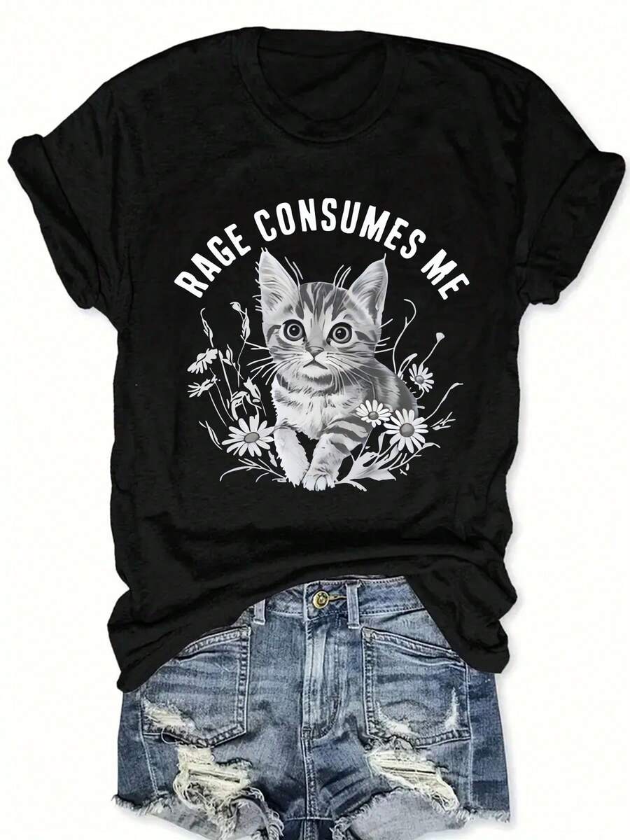 Women's T-Shirt With Cute Kitten Print - Comfortable Crew Neck, Ideal For Country Music Lovers - Machine Washable, Spring/Summer Style - 黑色 - 查看 1