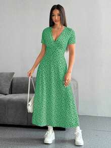 Vestido casual de verano con cuello en V, manga corta y estampado floral diminuto (corte aleatorio) para mujer - Multicolor 6 - Ver 4