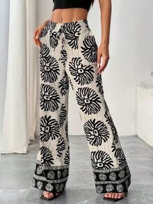 Pantalones sueltos para mujer con rayas azules de tiro bajo para vacaciones y uso informal - Multicolor - Ver 1