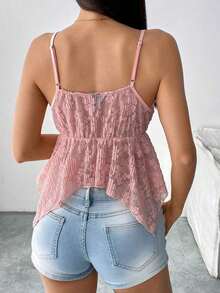 Camiseta de mujer con escote en V sexy y bajo asimétrico de encaje - Rosa Pálido - Ver 2