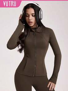 Chaqueta de manga larga para mujer con agujeros para el pulgar, 2 bolsillos, parte superior deportiva para correr y hacer ejercicio, color negro, primavera - Café integral - Ver 9