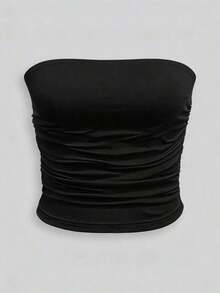 Top sin tirantes con volantes de lunares casual, top corto delgado multifuncional, adecuado para uso diario, regalos de vacaciones, moda, camiseta elegante, camiseta atractiva, regalos para hermanos y hermanas, regalos para hermanas, regalos para mamá, regalos del Día de la Madre - Negro - Ver 6