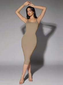 Vestido tank de espalda baja unicolor - Caqui - Ver 9
