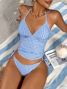 Swim Mod Conjunto de bikini a cuadros de cereza dulce - Azul y blanco - Ver 6